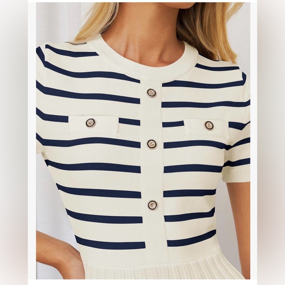 Nautical Stripe Knit Midi Dress - Ivory & Navy - Size M - Picture 7 of 7